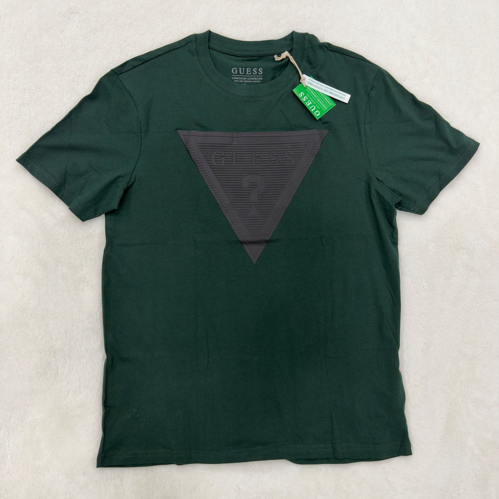 Guess Mens Organic Cotton T-Shirt Green 3D Rubber Triangle Logo XBV10H Medium